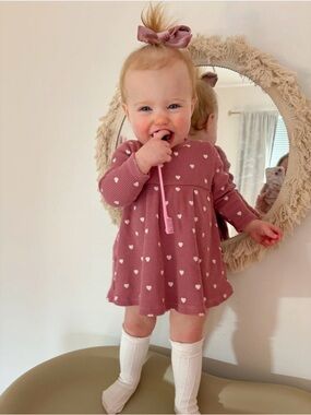 Organic Waffle Simple Dress with Diaper Cover- Mauve Heart